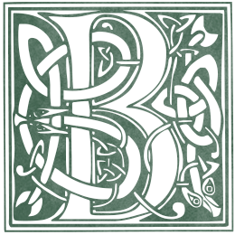An illuminated letter B woven from Celtic knotwork, in green