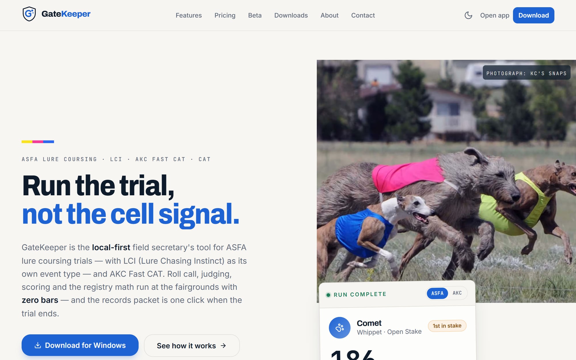 The GateKeeper website: trial software for lure coursing and Fast CAT